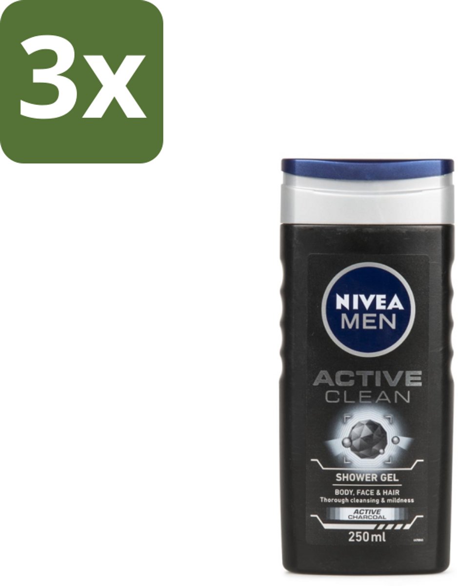 3 x NIVEA Men Douchegel Active Clean 250 ml - Douchegel Mannen - Actieve Houtskool - Reiniging Huid - Vuil Verwijderen - Talg Verwijderen