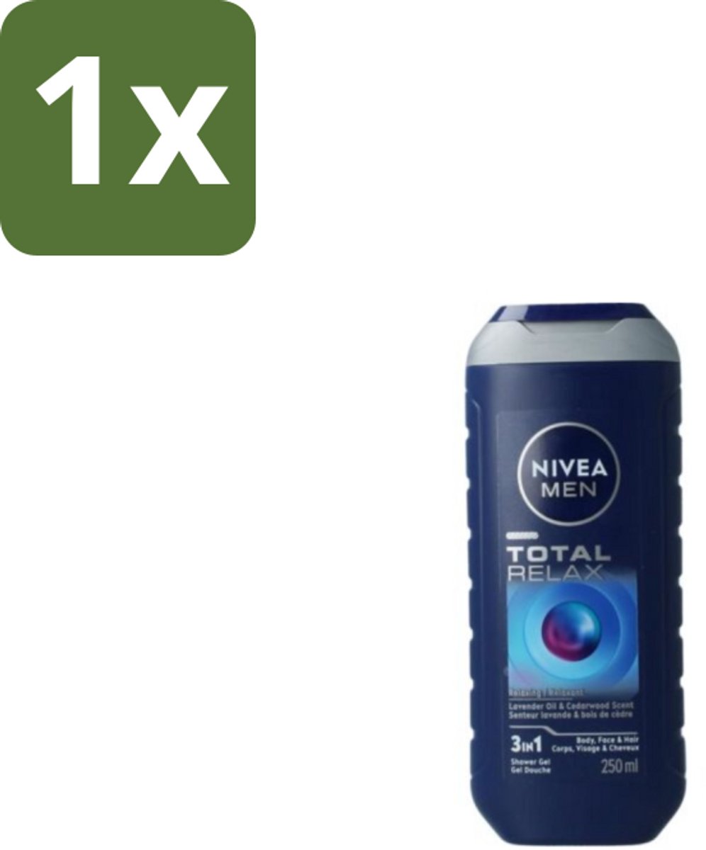 1 x NIVEA Men Douchegel Total Relax 250 ml - Douchegel Mannen - Ontspannende Douchegel - Gezichts- En Haarverzorging - Lavendel Geur - Cederhout Geur