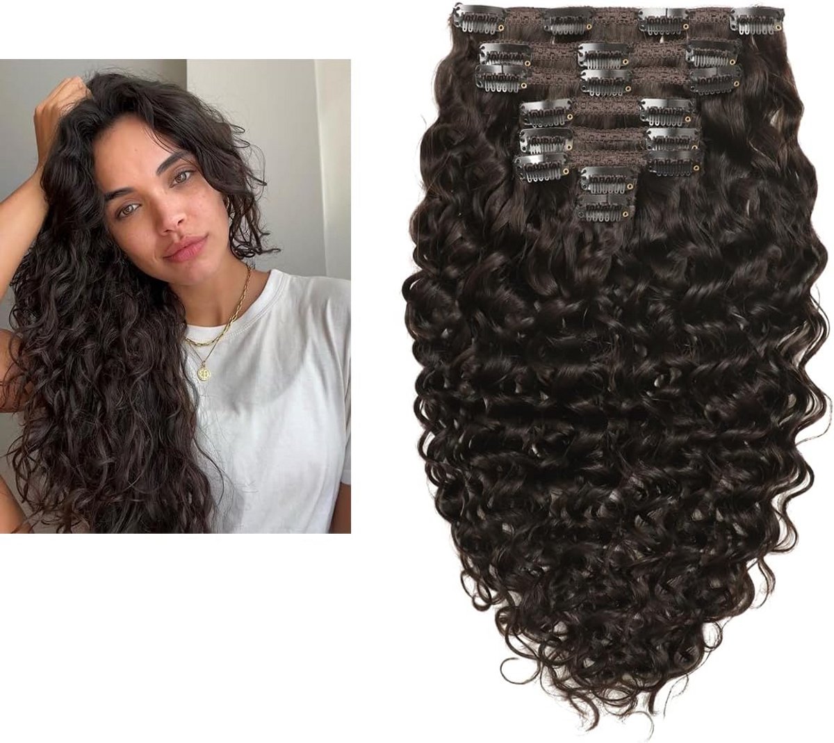 Clip-In Haarverlenging Krullend Menselijk Haar 35 cm Donkerbruin