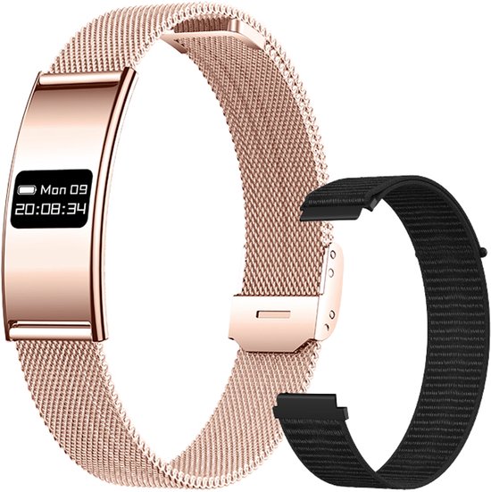 Rosegouden smartband met mesh band en een losse, geweven zwarte siliconen band ernaast.