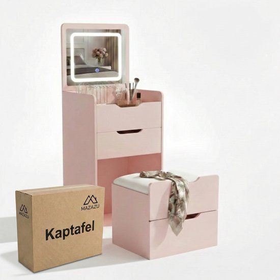 Kaptafel Met 3 Laden, Open Planken, Spiegel En Kruk - 100 X 40 X 138 Cm Leds Spaanplaat Wit