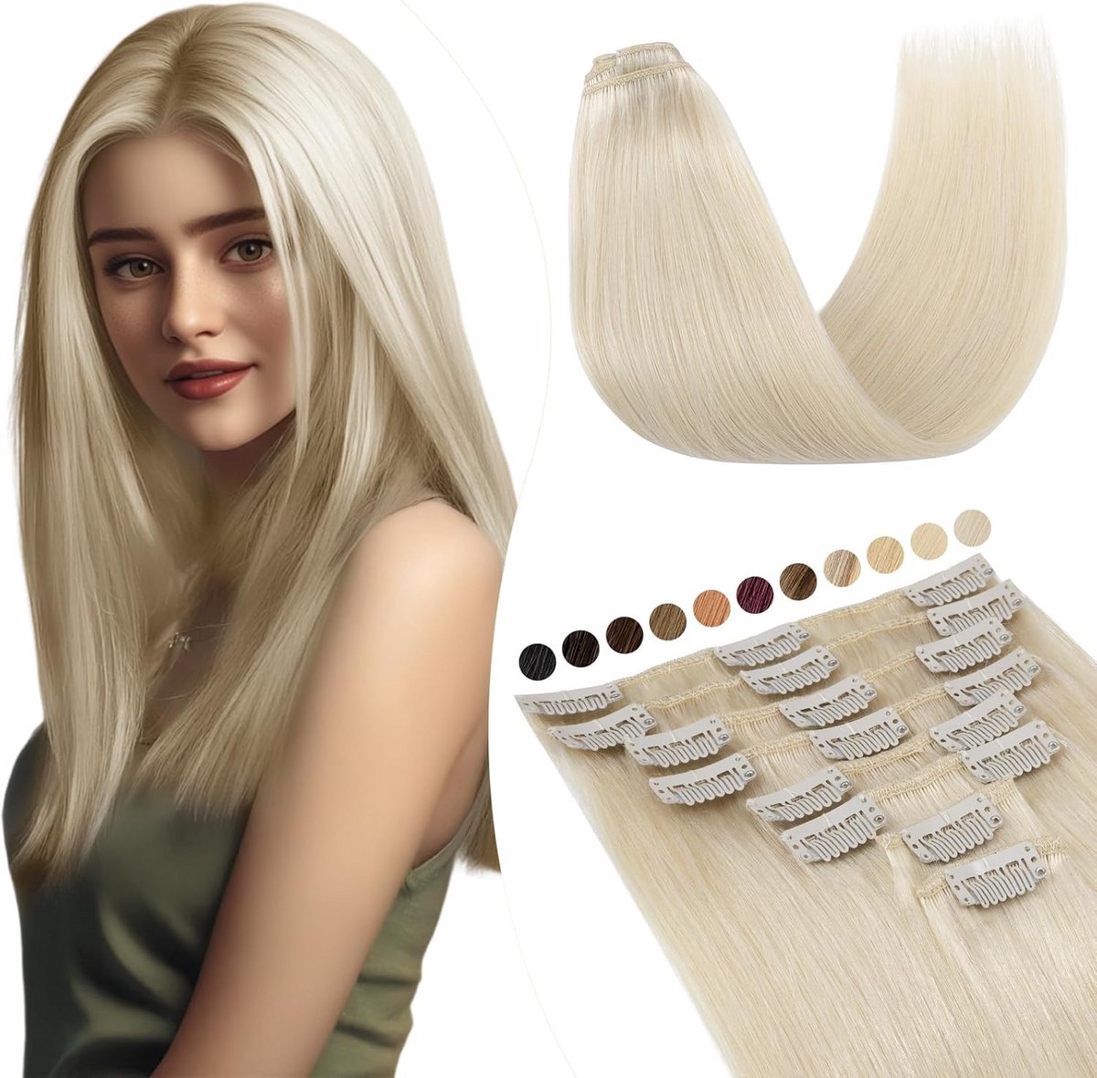 Echte Menselijke Haar Clip-In Extensions 30cm Witblond #60 55g
