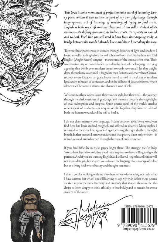 Een aap-achtig wezen met een boek, omringd door draken en tekst. Titel: The Gospel of Poetic Frolic.