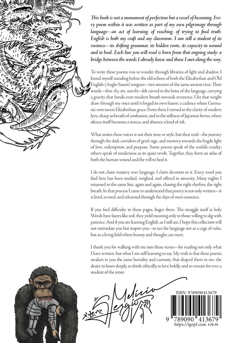 Een aap-achtig wezen met een boek, omringd door draken en tekst. Titel: The Gospel of Poetic Frolic.