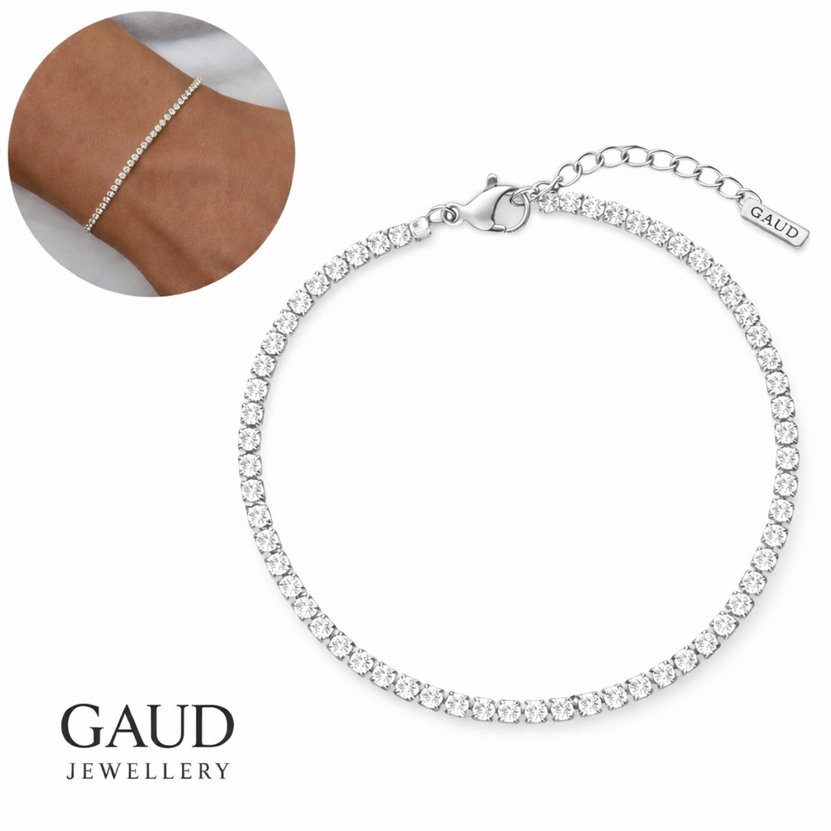 Tennis Armband - 2 mm - Zilverkleurig - 17cm + 5cm Verstelbaar - Uniseks - Stainless Steel Tennis Bracelet - Luxe Armband - GAUD