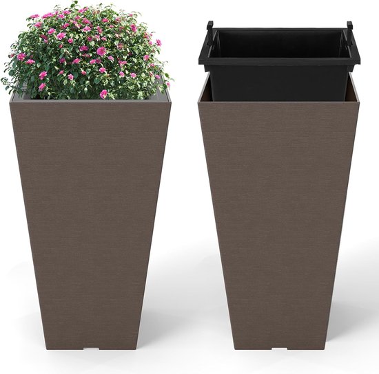 Foto: Komfotteu set van 2 bloembakken plantenbakken van kunststof bloempot met uitneembare binnenpot weerbestendige plantenbakken plantenpotten sierpotten voor tuin balkon terras 29 5 x 29 5 x 57 cm 