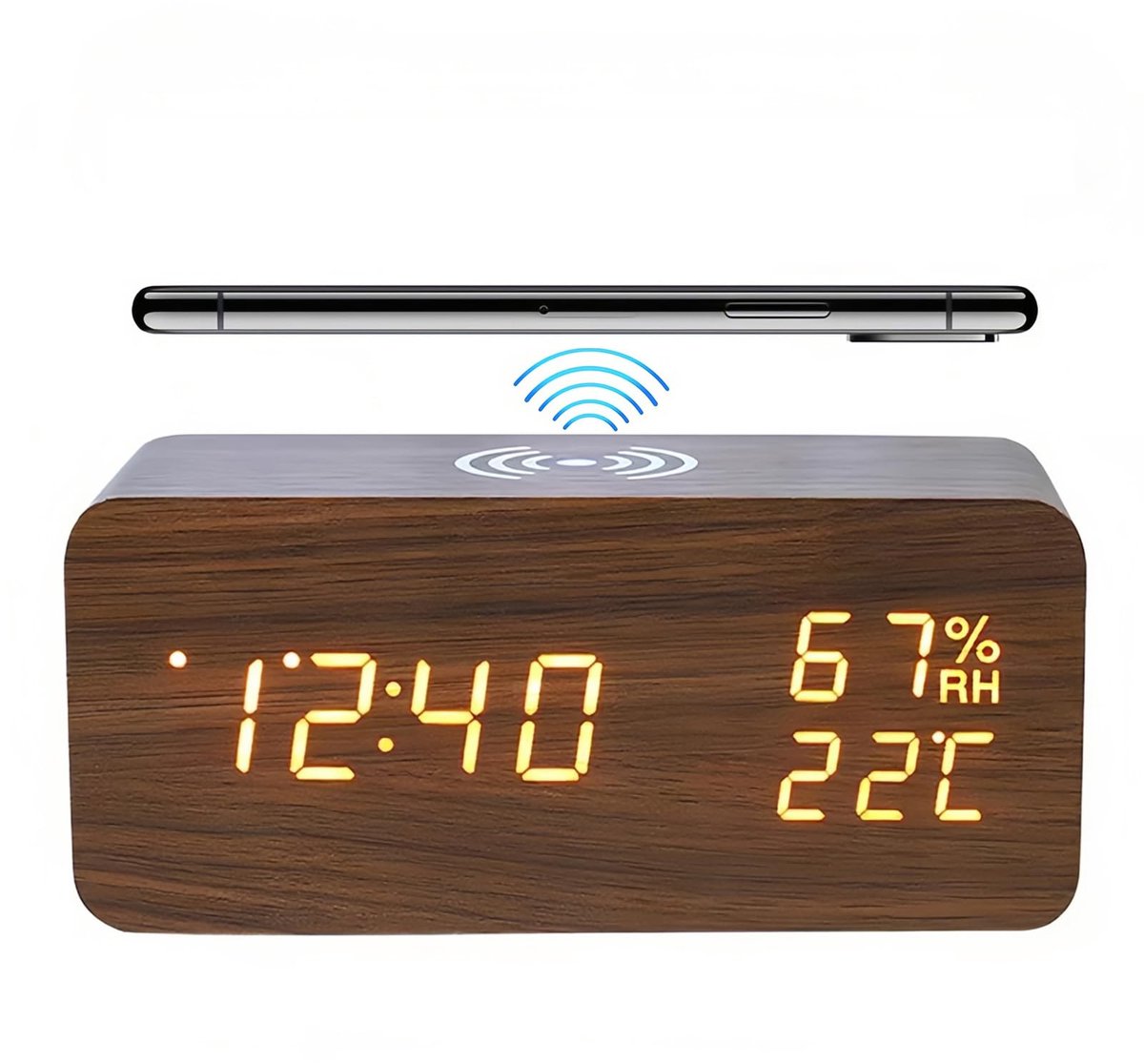 Ynkkvre - Digitale Wekker - Wekkerradio - Wekker - Klok - Houtlook Behuizing Met Temperatuur En Luchtvochtigheid Weergave - 1 Stuk - Slaapkamer/Thuistoepassingen/Bruin