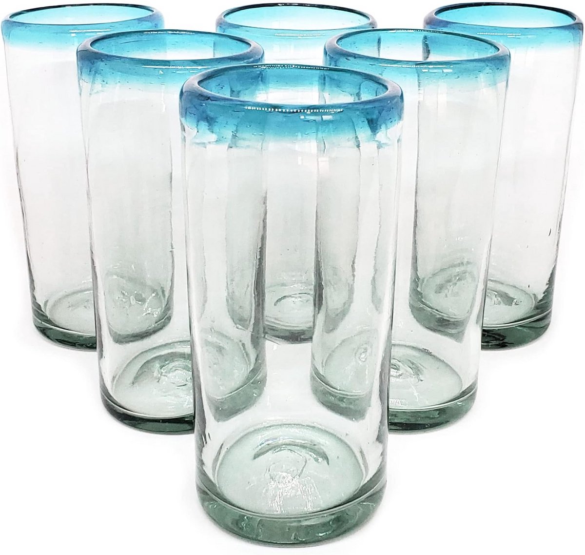 Set van 6 Aqua Blauwe Rand Ijsthee Glazen 20 oz - Handgemaakt Mexicaans Gerecycled Glas