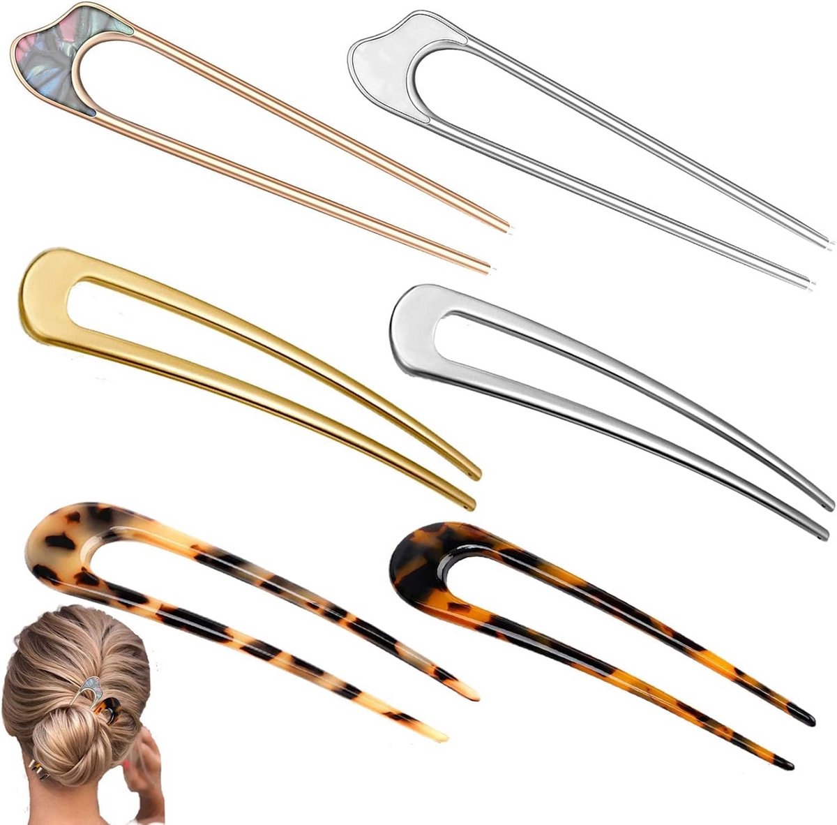6x U-Vormige Haarspelden Set - Acetate & Metaal voor Klassieke Kapsels