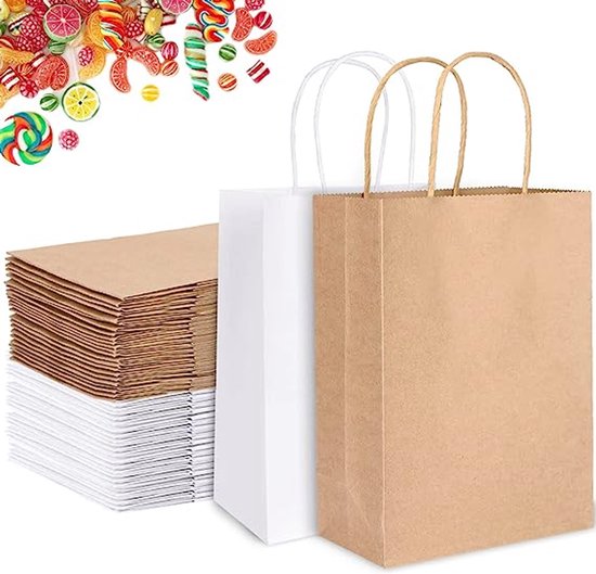 50 X Papieren Draagtassen Van Kraftpapier Met Gevlochten Oren 