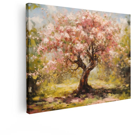 Artaza Canvas Schilderij Schilderachtige Bloeiende Boom met Roze Bloesems in een Zonnig Park - 120x90 cm - Groot - Wanddecoratie Woonkamer - Schilderijen - Muurdecoratie
