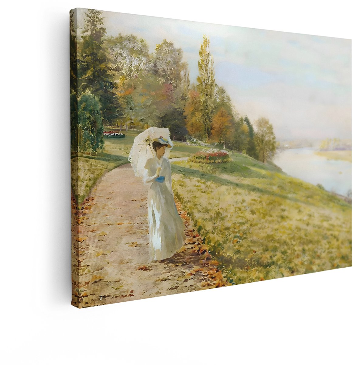 Artaza Canvas Schilderij Vrouw Met Parasol - 80x60 cm - Wanddecoratie Herfst Landschap - Muurdecoratie Rivier - Vintage Schilderijen Natuur