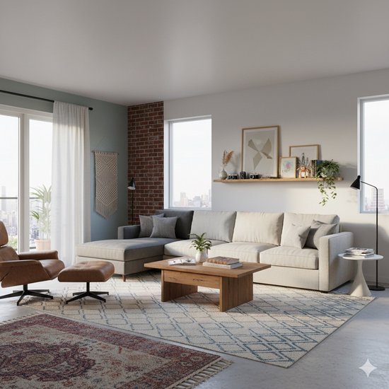 Ruime woonkamer met een beige stoffen hoekbank, een bruin leren fauteuil, een houten salontafel en een bakstenen muur.