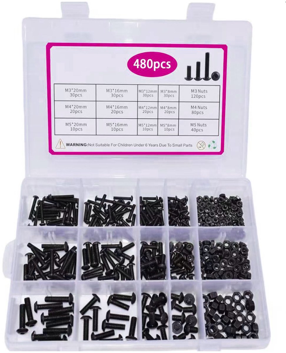 Assortiment zwarte metrische bouten (M3–M5) – 480 stuks