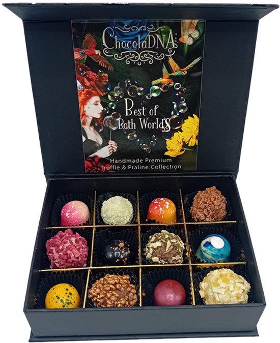 MIX 12 van ambachtelijke handgemaakte chocolade truffels, pralines. Relatiegeschenk-chocoladecadeau-pralines-bonbons-verjaardagscadeau