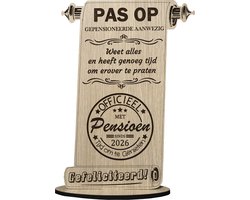 Houten Wenskaart Gepensioneerd 2026 | Grappig Cadeau voor Pensionering | Houten Decoratie met Gravure | Gefeliciteerd met Pensioen!