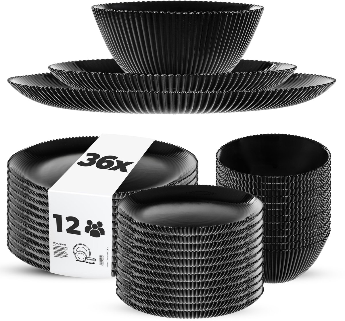 KADAX servies voor 12 personen, 36-delig, zwart servies van opaalglas met soepkommen, dinerborden en dessertborden, vaatwasmachinebestendig (zwart)