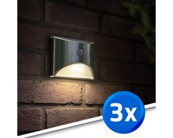 RexTech Solar wandlamp buiten 'Flint' - Voordeelset 3 stuks - Warm wit licht - Tuinverlichting op zonne-energie - Luxe wandlamp - RVS