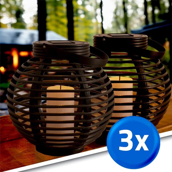 Solar lantaarn voor buiten 'Basket' medium - Tuinverlichting voordeelset van 3 stuks - Warm wit licht - Buitenlampen op zonne-energie