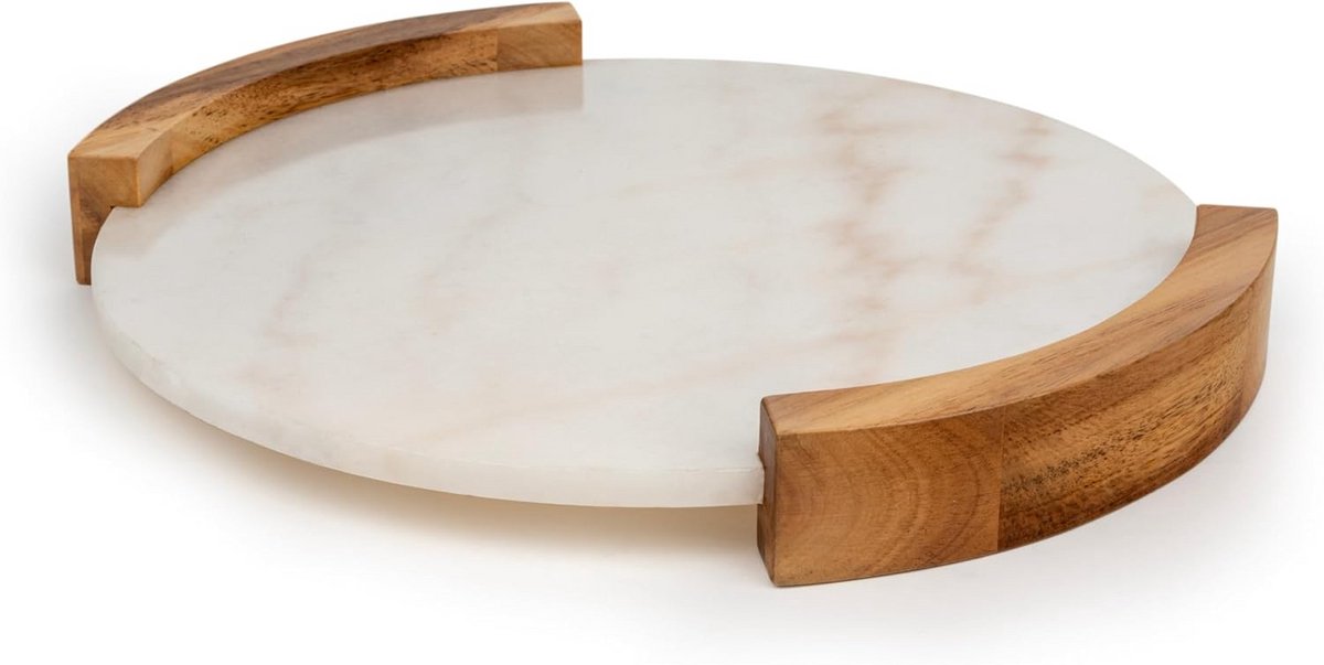 Ronde Serveerschaal van Marmer met Houten Handvatten - Ø 35 cm