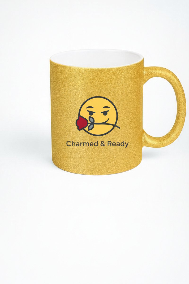 Gouden Glitter Mok met Charmante Emoji & Roos - Charmed & Ready
