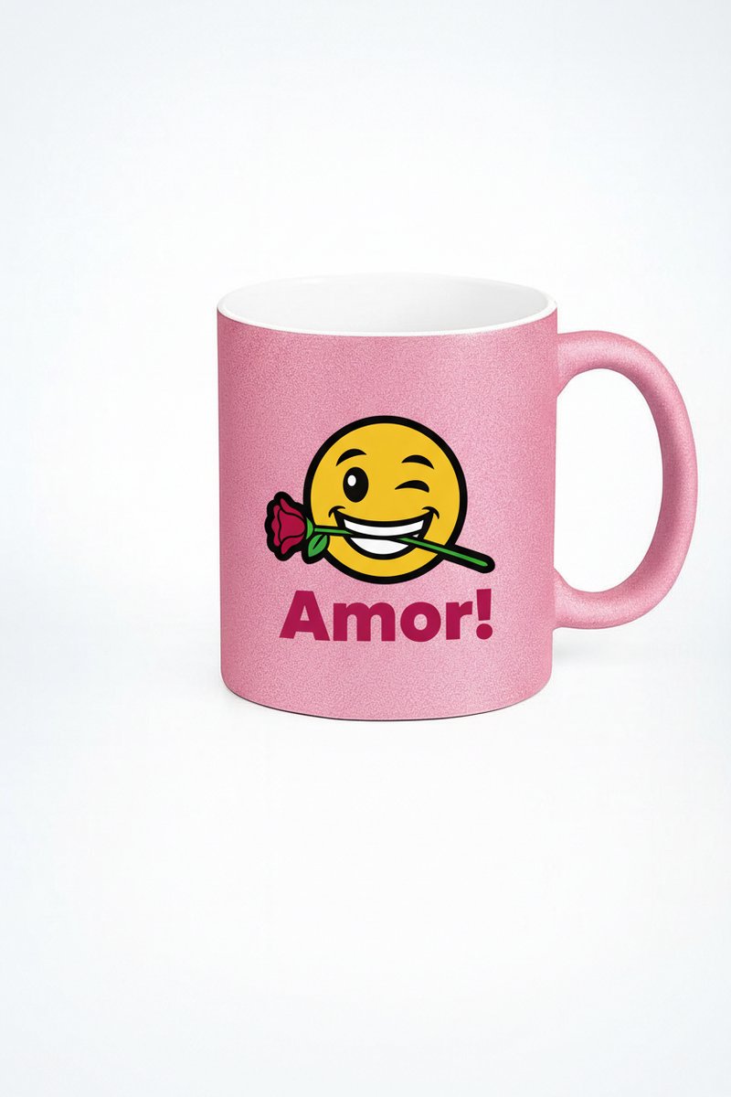 Roze Glitter Mok 'Amor!' met Winkende Liefde Emoji en Roos