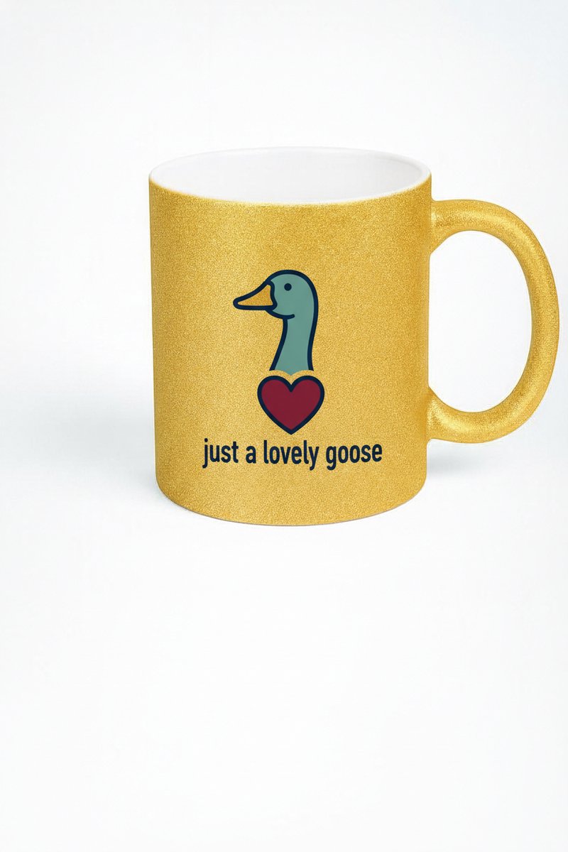 Gouden Glitter Mok met Lieve Gans Design - 'Just a Lovely Goose' - Uniek Cadeau