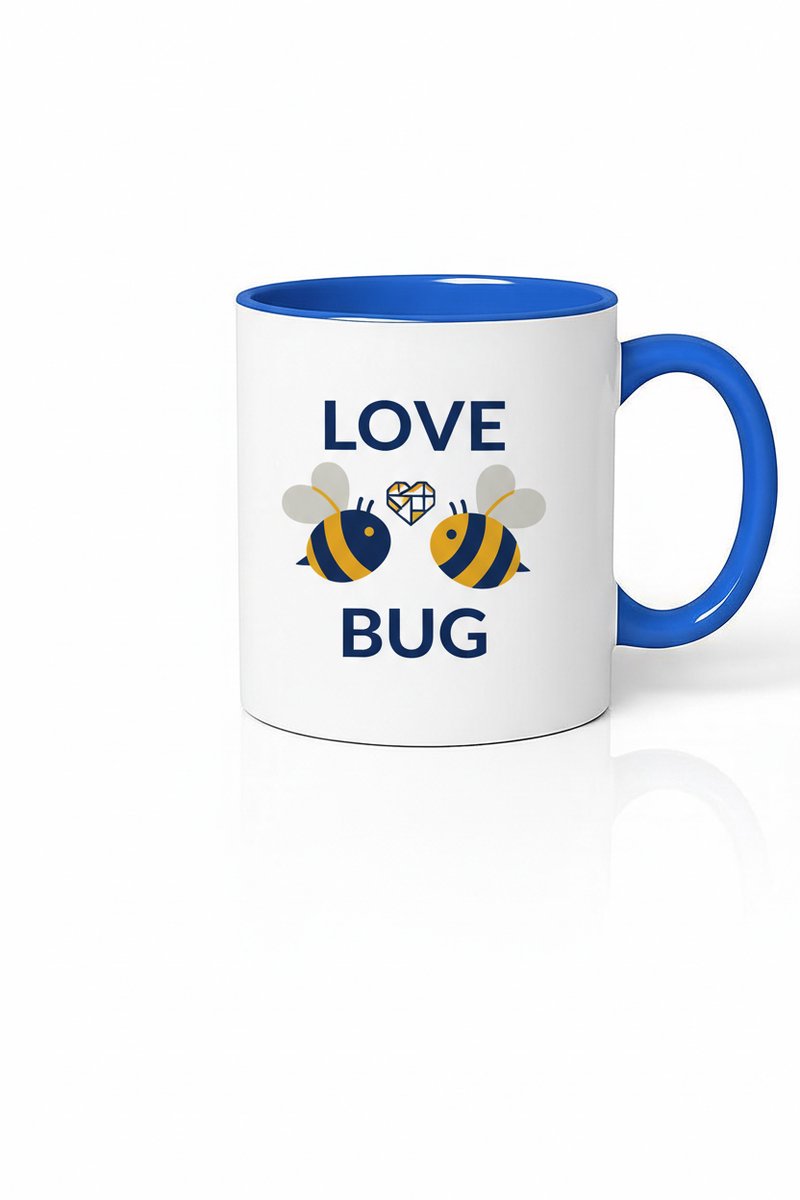 Mok 'Love Bug' met Schattige Bijtjes en Hart - Blauw Wit Keramische Mok
