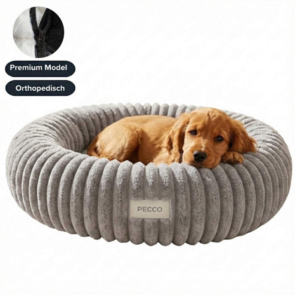 Pecco Ronde hondenmand met ribstof - Orthopedische vulling - Diameter 70 cm - Lichtgrijs rib
