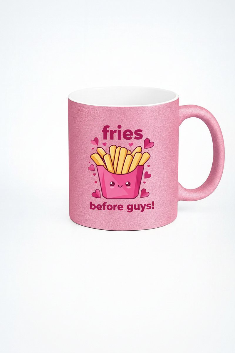 Roze Glitter Mok 'Fries Before Guys' - Grappig Cadeau & Uniek Design