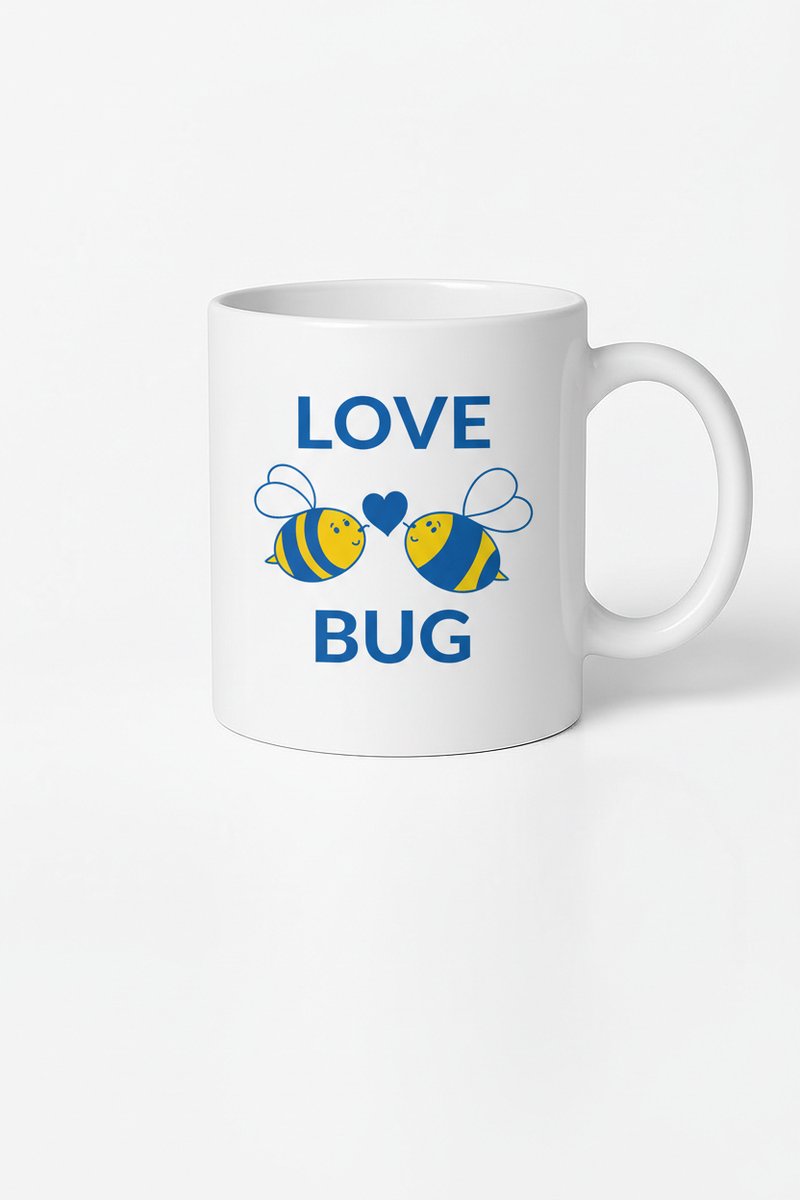 Love Bug Mok met Lieve Bijen en Hart Design – Geel & Blauw Keramische Beker Cadeau