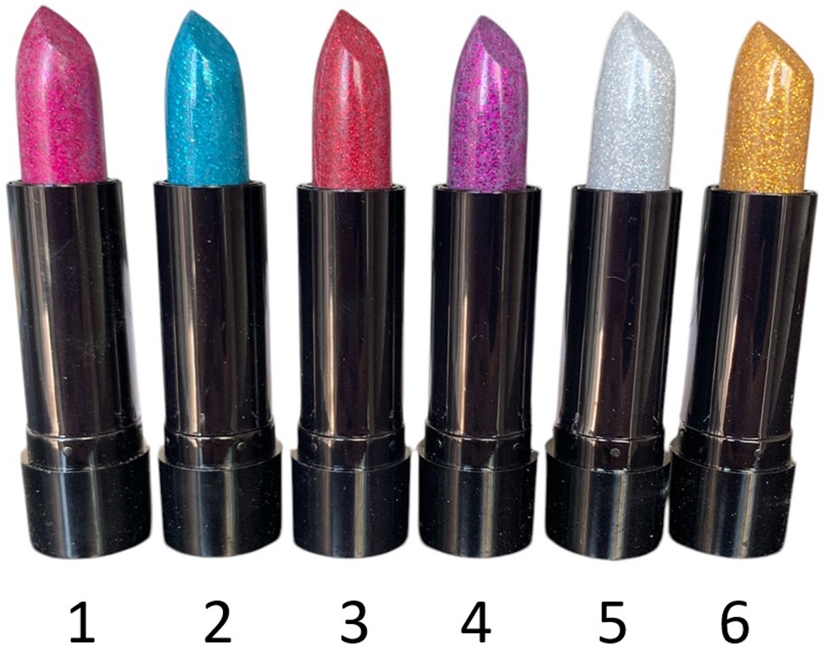Easy Paris Cosmetics - Glitter Lipstick - Set met 6 Lippenstiften - Transparant met Roze - Blauwe - Rode - Paarse - Zilver - Gouden Mini Glitters - Bewitch