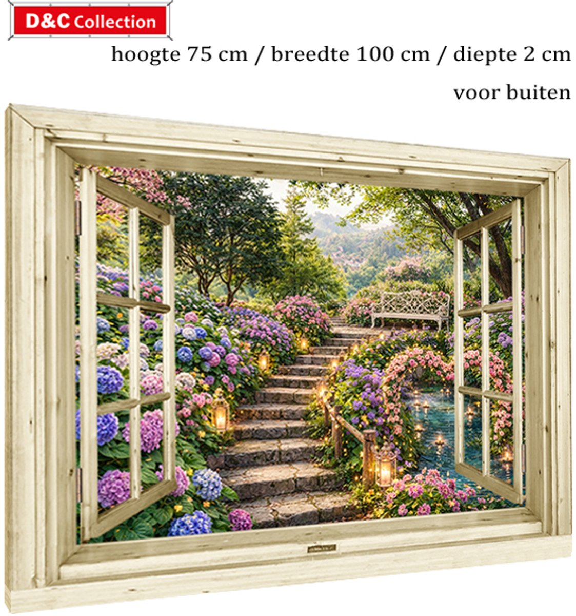 D&C Collection Doorkijk poster bloemen opgespannen - 75x100x2 cm - tuinposter doorkijk hortensia's - bloemenposter - nostalgisch venster - tuindoek hortensia's langs pad - romantische poster - rozen - hart multi