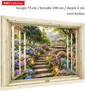 D&C Collection - 75x100x2 cm - tuinposter doorkijk hortensia's - bloemenposter - nostalgisch venster - hortensia's langs pad - ijzeren bankje - rozen - hart