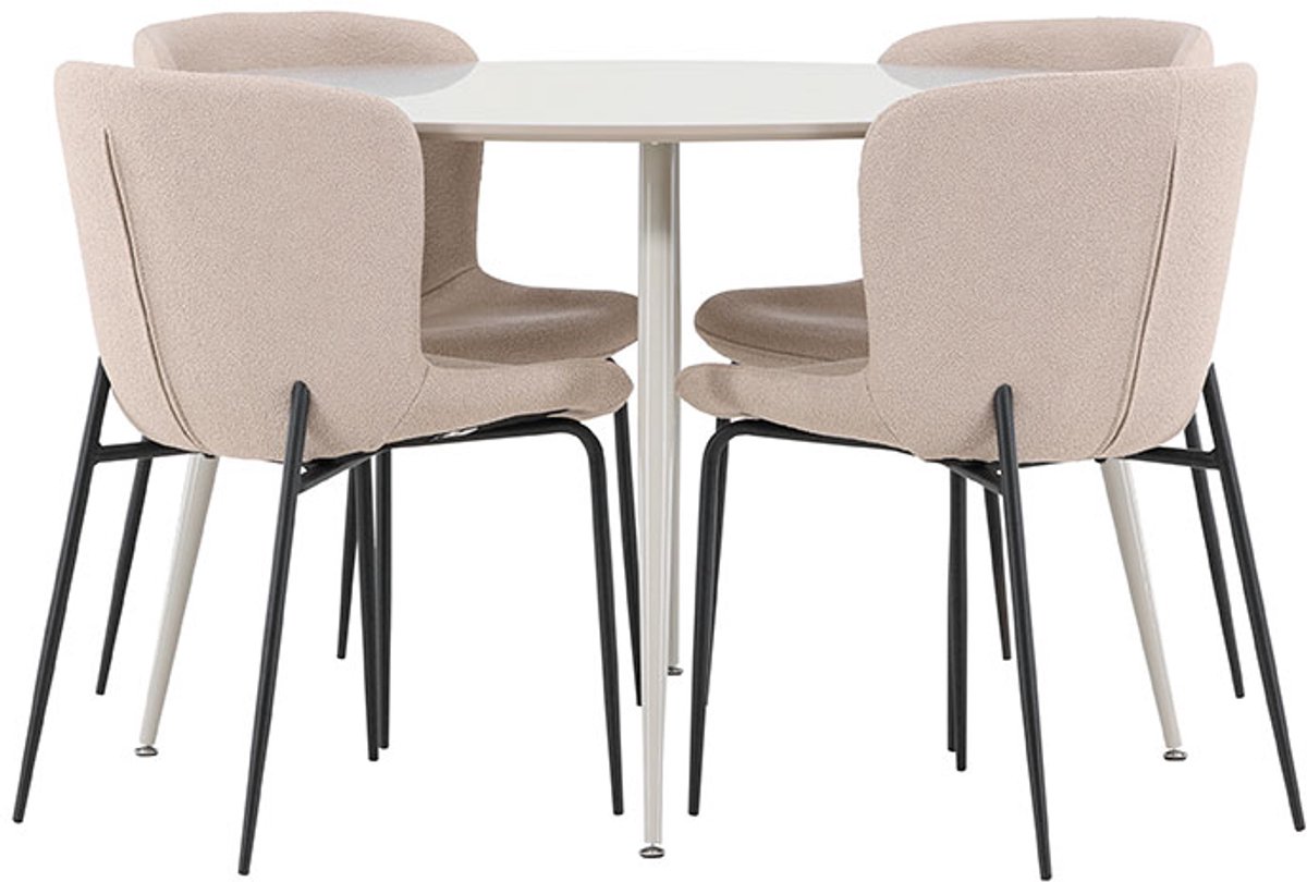 Plaza eethoek tafel Ø120cm en 4 bouclé stoelen beige.