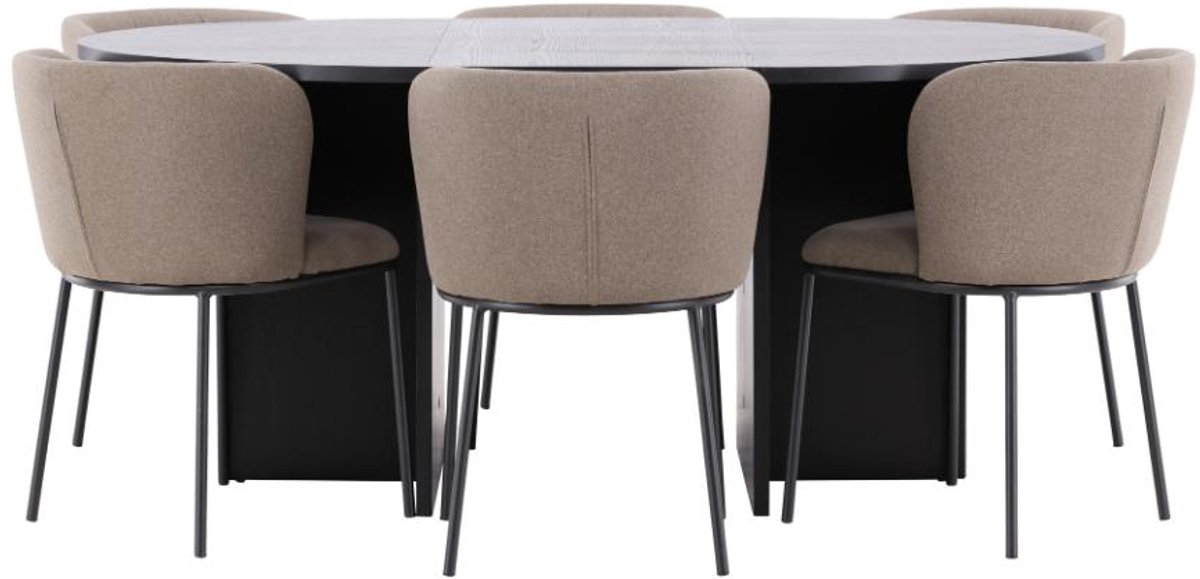 Strada eethoek uittrekbare tafel Ø120cm, 170cm en 6 stoelen zwart, bruin.