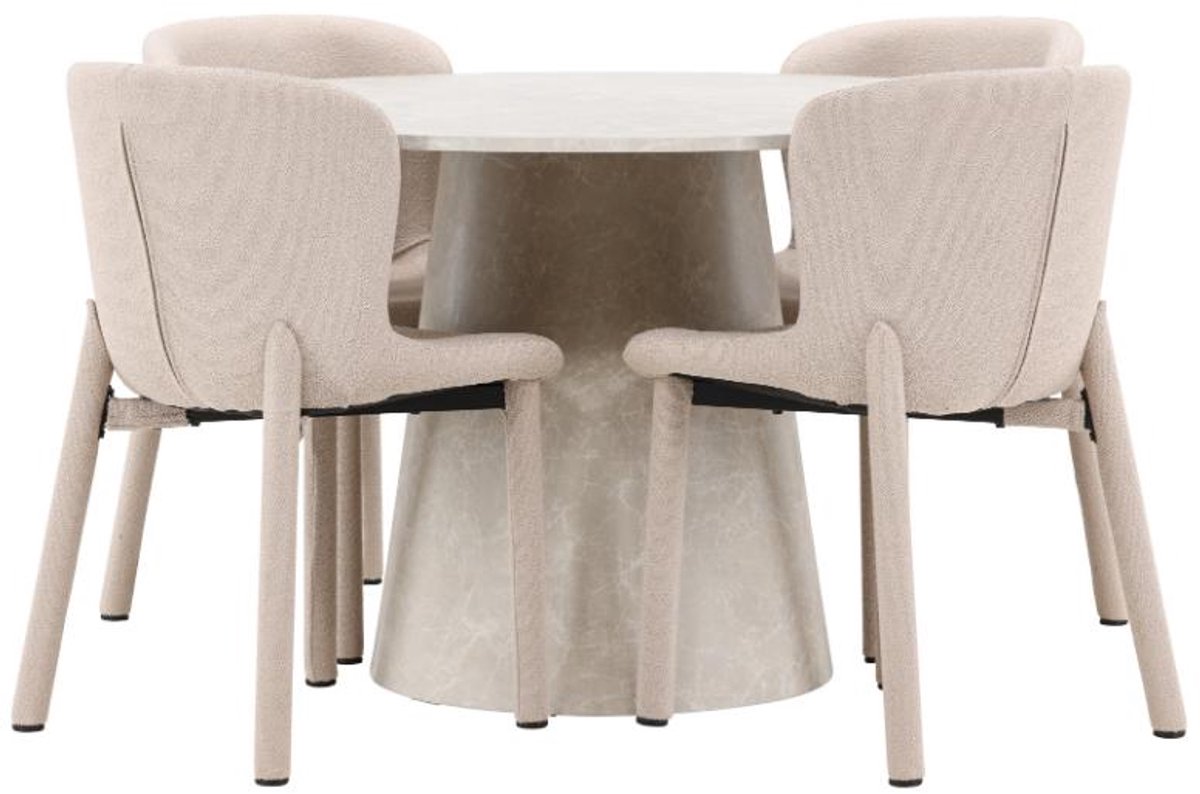 Lanzo eethoek tafel Ø120cm en 4 stoelen beige.