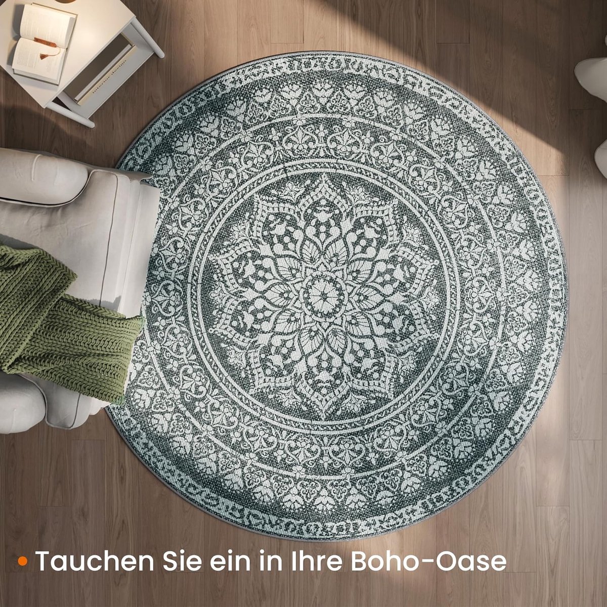 SONGMICS HOME Rond vloerkleed, buitenkleed, Boho, 160 cm D, wasbaar, antislip, bloemen vintage vloerkleed voor woonkamer, eetkamer, slaapkamer, look, tuin, patio, balkon, antracietgrijs TAR052G02