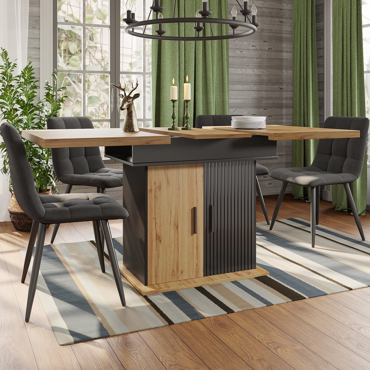 OKWISH Eettafel Uitschuifbaar - Dubbelzijdig Uittreksysteem - Voor Keuken En Woonkamer - MDF Metaal Zwart Natuurlijk - 110-140x80x75 Cm