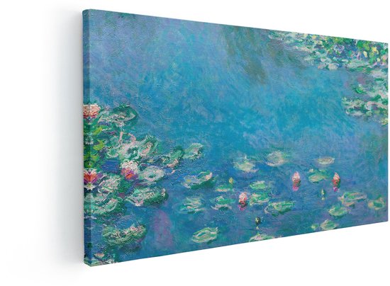 Une toile représentant les Nymphéas de Monet, 80x40 cm, suspendue à un mur blanc.