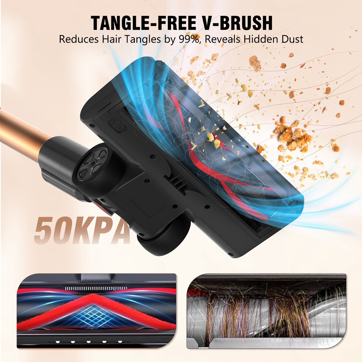 BLOSSOM Steelstofzuiger Draadloos V18 - 550W/50Kpa/60Min - Kruimeldief - Stofzuiger - Hepa - LED-Display - 3 Standen Zuigkracht - 1,5L - Voor Tapijten en Harde Vloere - Goud – foto 6