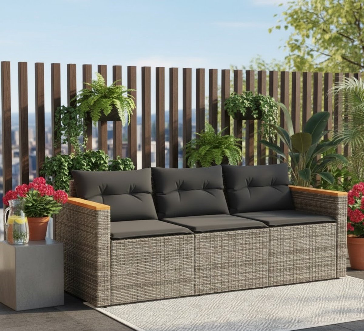Luxe 3-Zits Tuinbank met Kussens – Weerbestendige Poly Rattan Buitenbank – Comfortabele Tuinmeubelset voor Balkon, Terras en Tuin – Grijs House&Garden