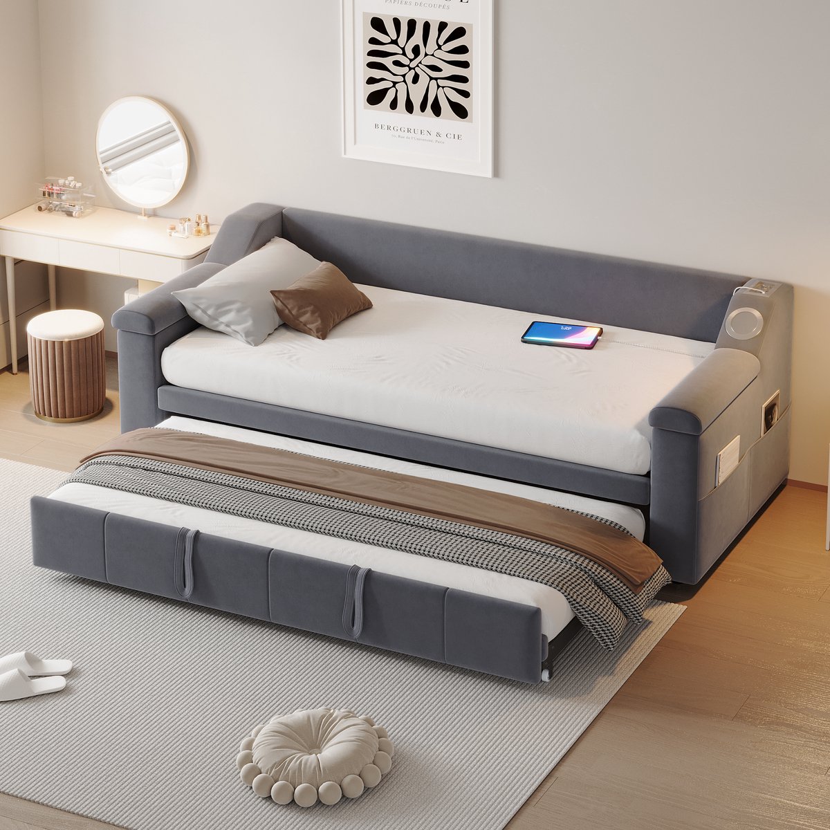 REDOM Slaapbank 180x190 cm van fluweel – Met uitschuifbed, Bluetooth-audio, USB en opbergvakken – Grijs Donkergrijs
