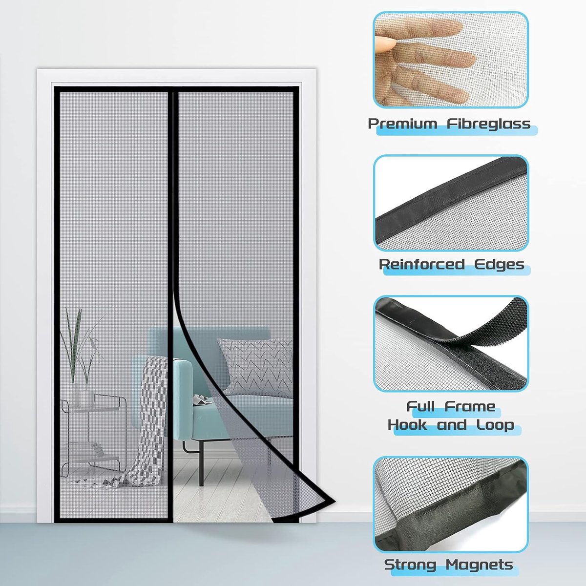 Candala Magnetische vliegengaas voor deuren Horrengaas - 100% glasvezel vliegennet met haak en lus, krachtige magneten die automatisch dichtklikken (101 x 210 cm Horrengaas - geschikt voor deuren tot 96 x 208 cm)