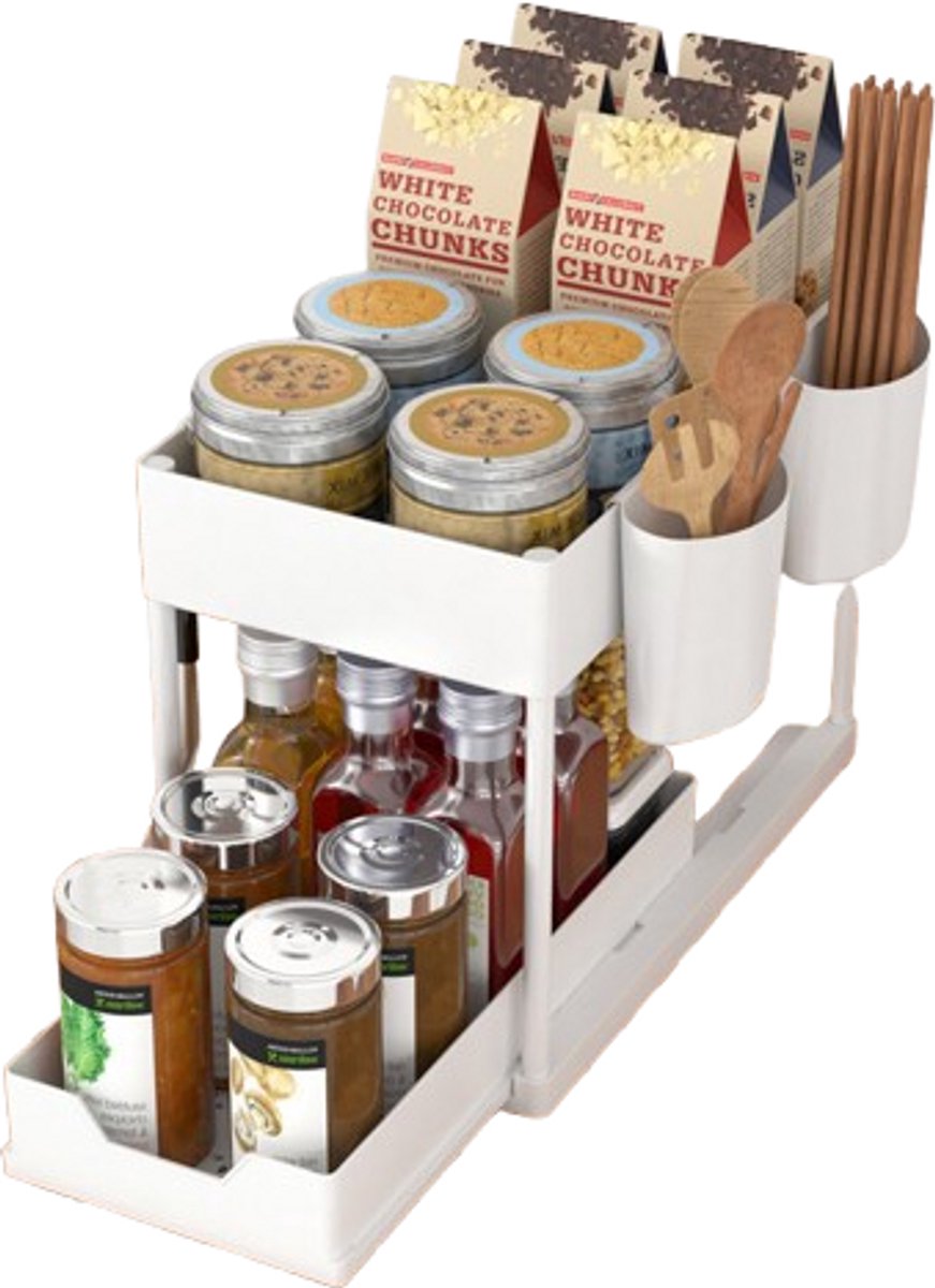 Opbergrek - stellingkast - opbergrek keuken - 40*22*33cm - keukenopbergrek met 2 niveaus en uitschuifbare lade - multifunctioneel opbergrek - voor badkamer & aanrecht en wasruimte - Wit