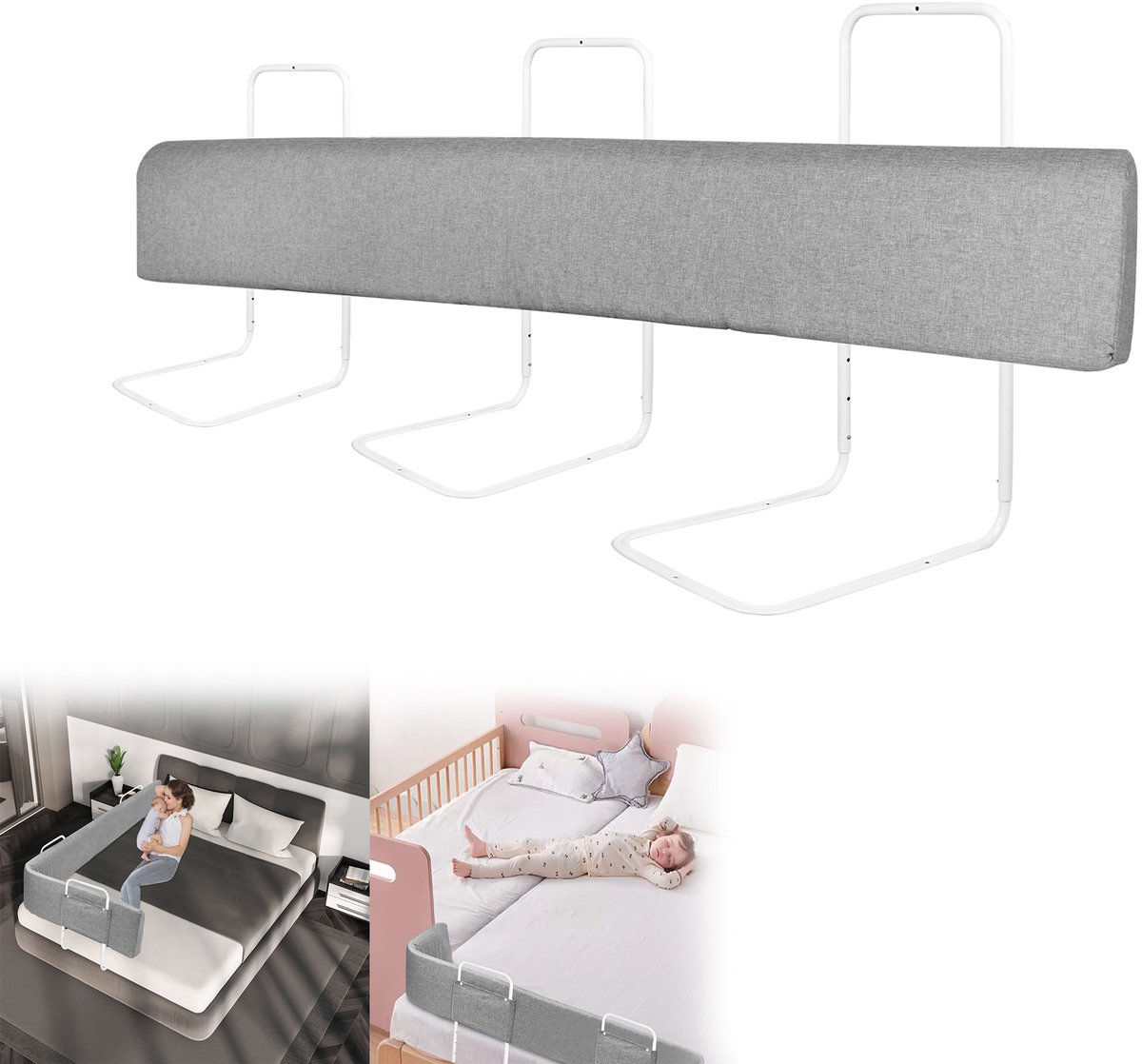 Froadp 180 cm bedhek, bedhek, valbeveiliging voor kinderen, in hoogte verstelbaar, zelf vervormbare bedrandbescherming, 5-gats bed, kinderbedhek, veiligheidsreling voor baby, linnen, grijs (2 stuks)