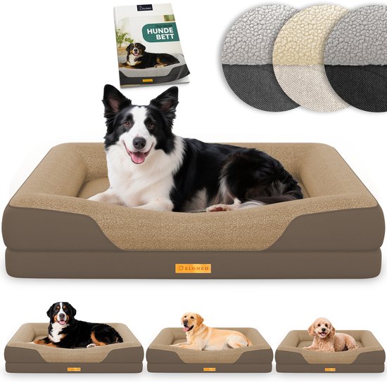 Bruin hondenkussen met een border collie erop. Onder het kussen zijn drie kleinere honden te zien.