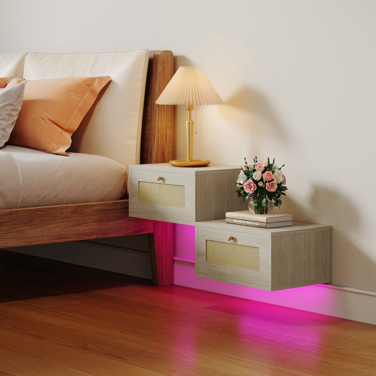 Nachtkastjeset (2 stuks) - Wandnachtkastje - Houten nachtkastje - Nachtkastje met één lade - Zwevend nachtkastje - Nachtkastje met plank - Nachtkastje voor de slaapkamer (40 x 30 x 20 cm, lengte x breedte x hoogte)