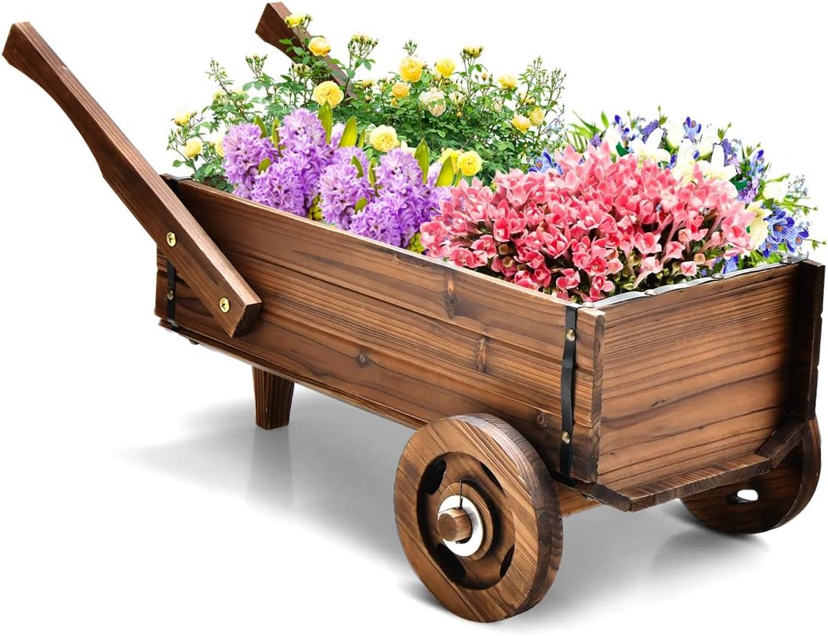 KOMFOTTEU Bloemenwagen op wielen, plantenwagen met afvoergaten, bloemenstandaard met handgrepen, bloemenplantenwagen voor tuin en terras