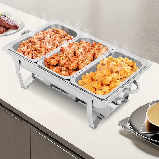 Roestvrijstalen Geïsoleerde Voedselbak Hot Pot Container Buffetset, 3-Vaks Warmhouderschaal, Grote Capaciteit, Geschikt voor Feesten, Catering Evenementen, Buffetten en Feestdagen — afbeelding 4